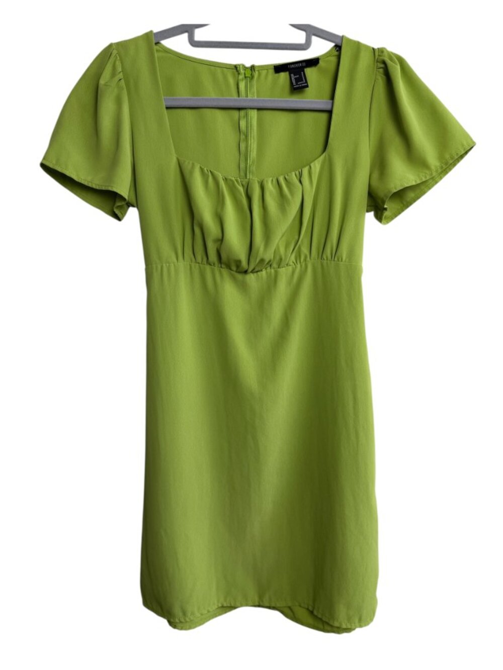 Forever 21 Lime Green Puff Sleeve Square Neck Tie Back Ruched Mini Dress Size S